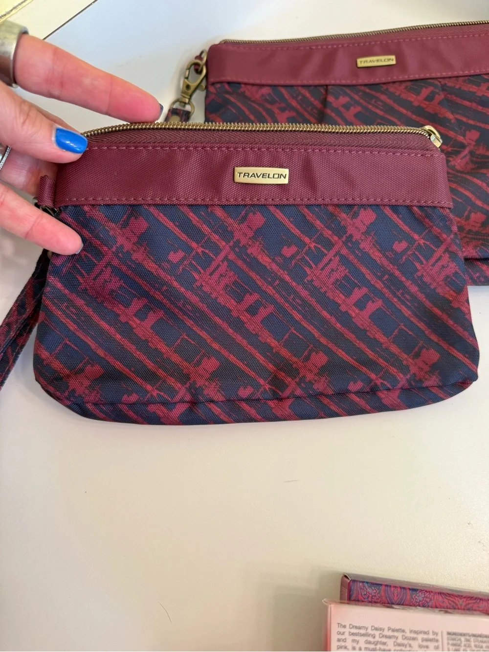 Travelon Burgundy and Navy Patterned pouch w, palette, brushes, and lip balm